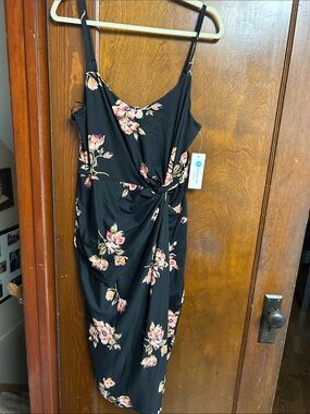 nine britton Black Floral Twist-Front Knit Midi Dress large